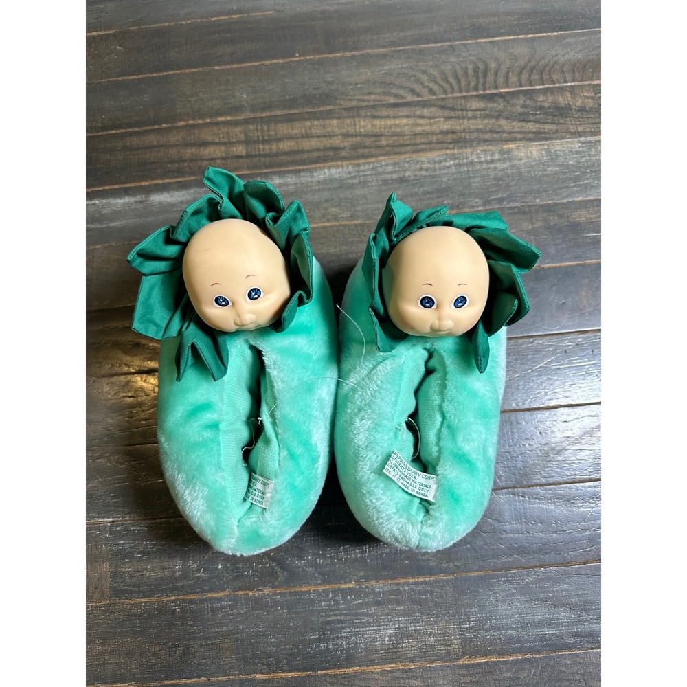Vintage Cabbage Patch Kids Plush Slippers Mint Green Ruffle Doll Head 80s Retro